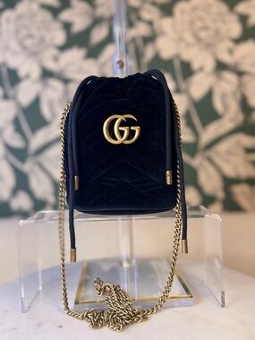 Gucci Black Velvet Mini Drawstring Bucket Bag with Gold Hardware